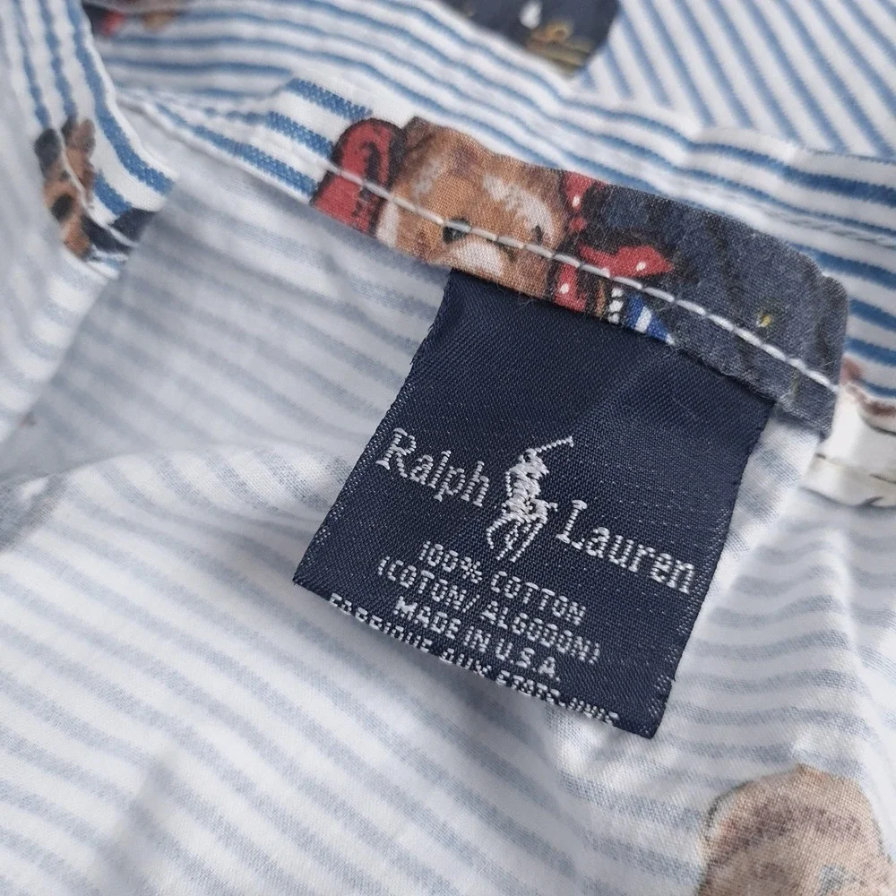 Ralph Lauren Polo Bear Pillowcase Flat Sheet 2 Piece Set Twin Blue Striped Rugby